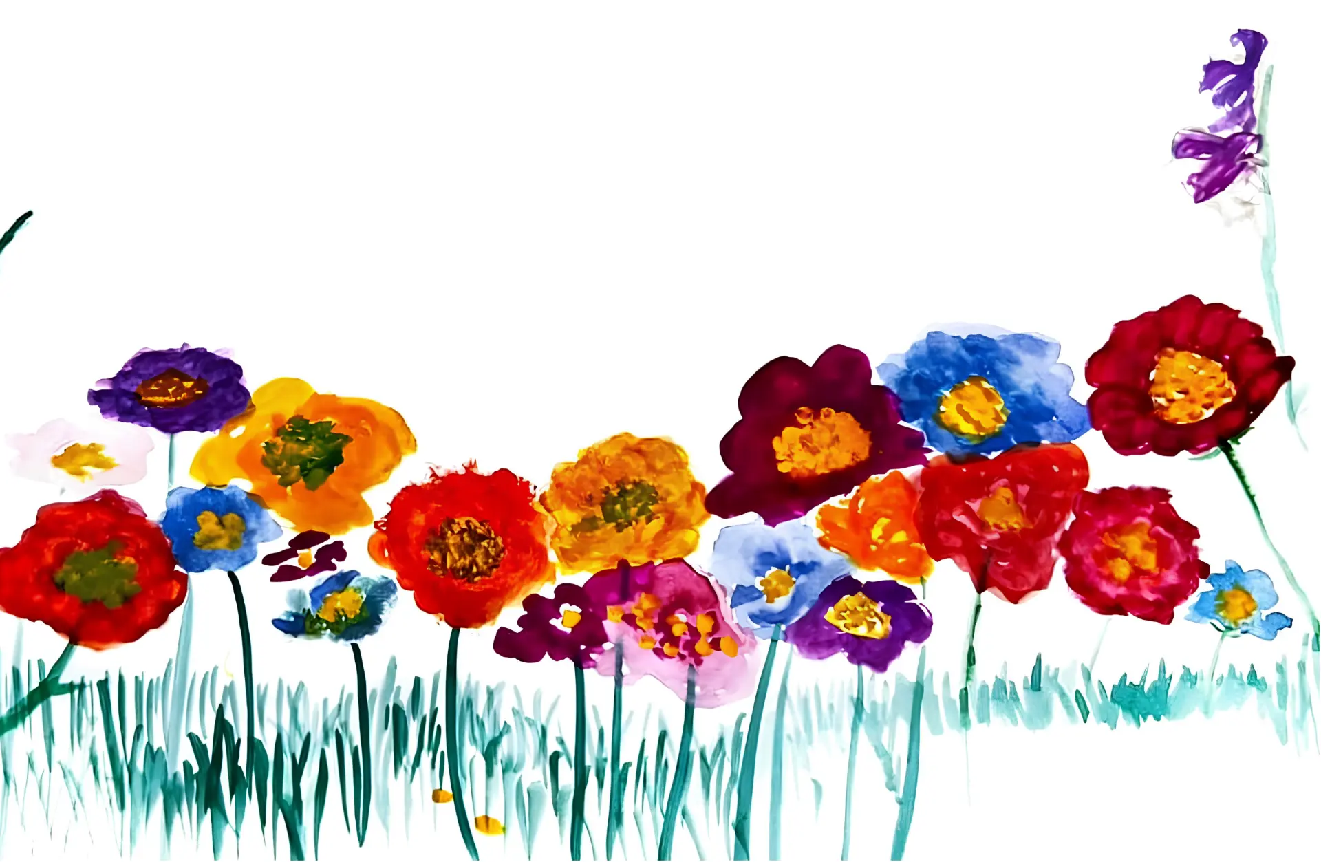 Pintura em aquarela de um gramado florido, feita à mão