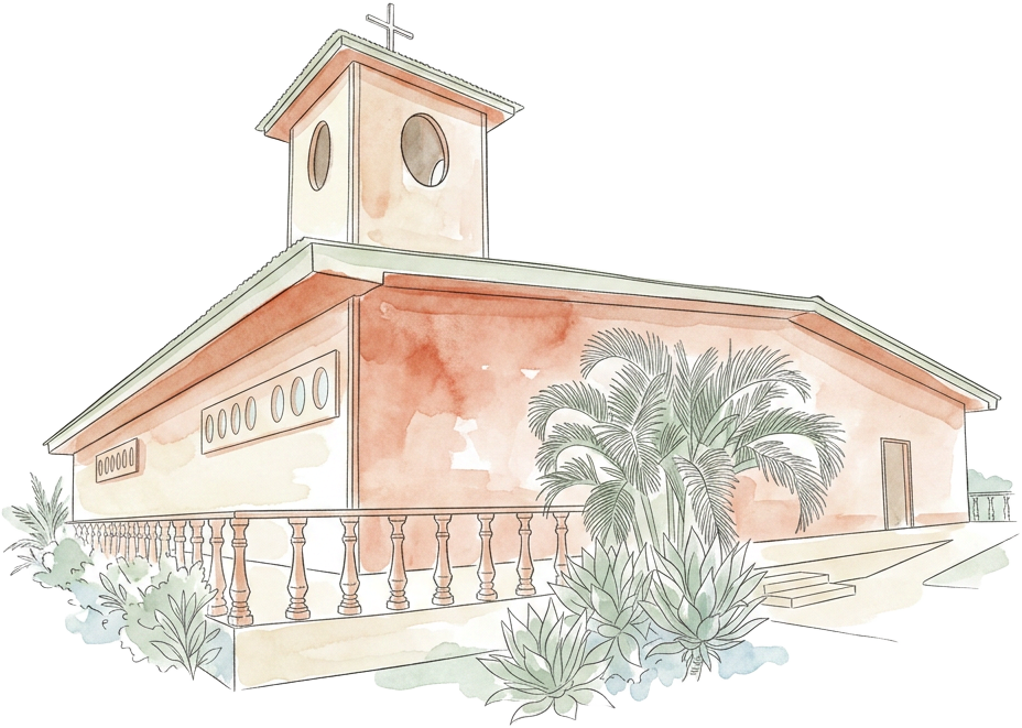 Ilustração em aquarela da igreja onde será a cerimônia